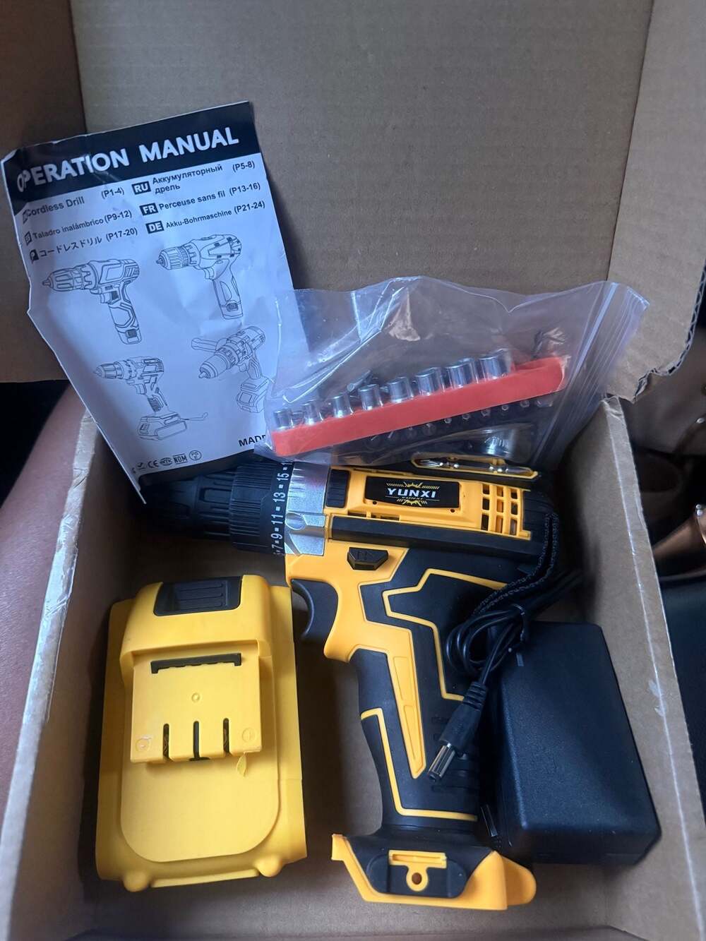 Yunxi Cordless Drill Driver Set with Battery, Charger, and Bits